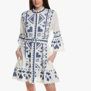 FARM Rio Cross-Stitch Blue and White Dress